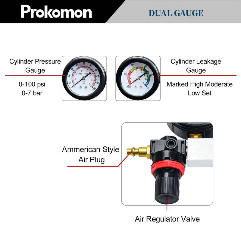Prokomon Engine Cylinder Leak Down Tester Kit;Cylinder Leakage Tester Set for Pressure Check and Leakage Rate Test；Gasoline Engine Leakdown Tester Kit with Extension Rod Grey - Image 3